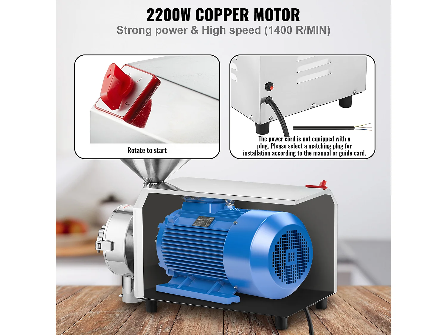 Moulin à Grains SucceBuy 2200 W, Moulin à Maïs 50 KG/H Acier Inoxydable pour Poivre Soja Arachide Grains de Maïs Farine de Mouture