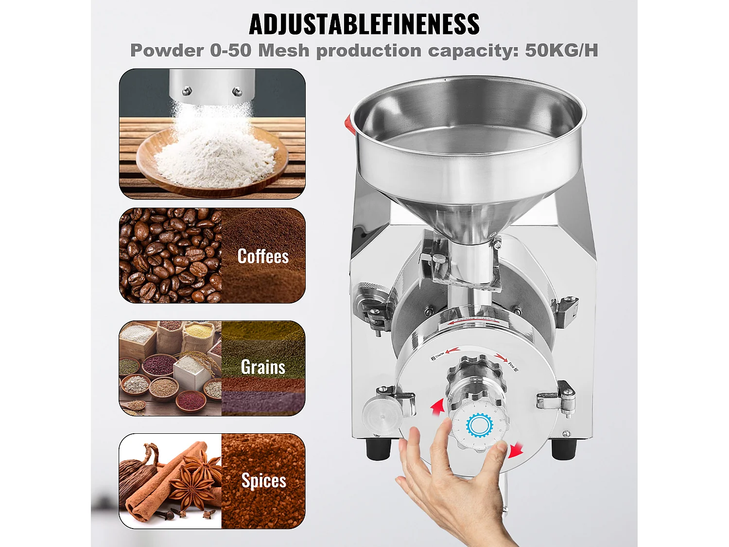 Moulin à Grains SucceBuy 2200 W, Moulin à Maïs 50 KG/H Acier Inoxydable pour Poivre Soja Arachide Grains de Maïs Farine de Mouture