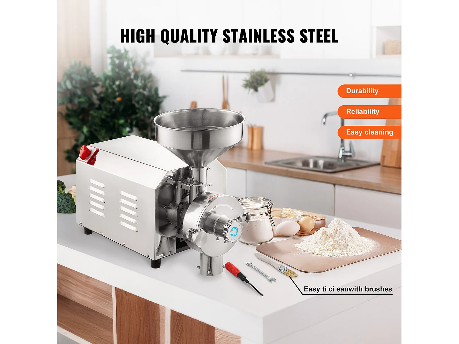 Molino de Granos SucceBuy 3000W 100 kg/h, Molino de Harina Industrial de Acero Inoxidable para Pimienta, Soja, Cacahuete, Granos de Maíz