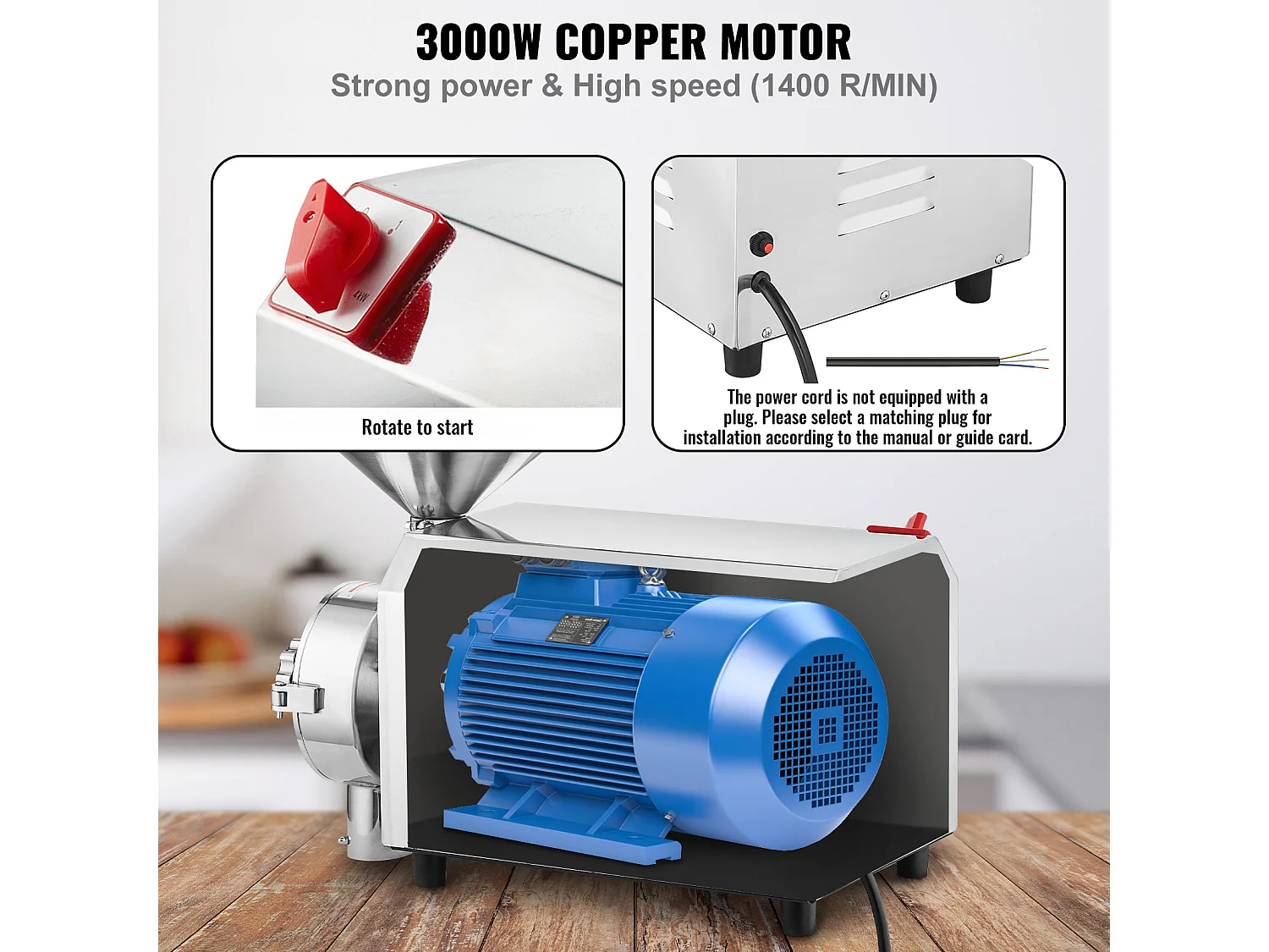 Molino de Granos SucceBuy 3000W 100 kg/h, Molino de Harina Industrial de Acero Inoxidable para Pimienta, Soja, Cacahuete, Granos de Maíz