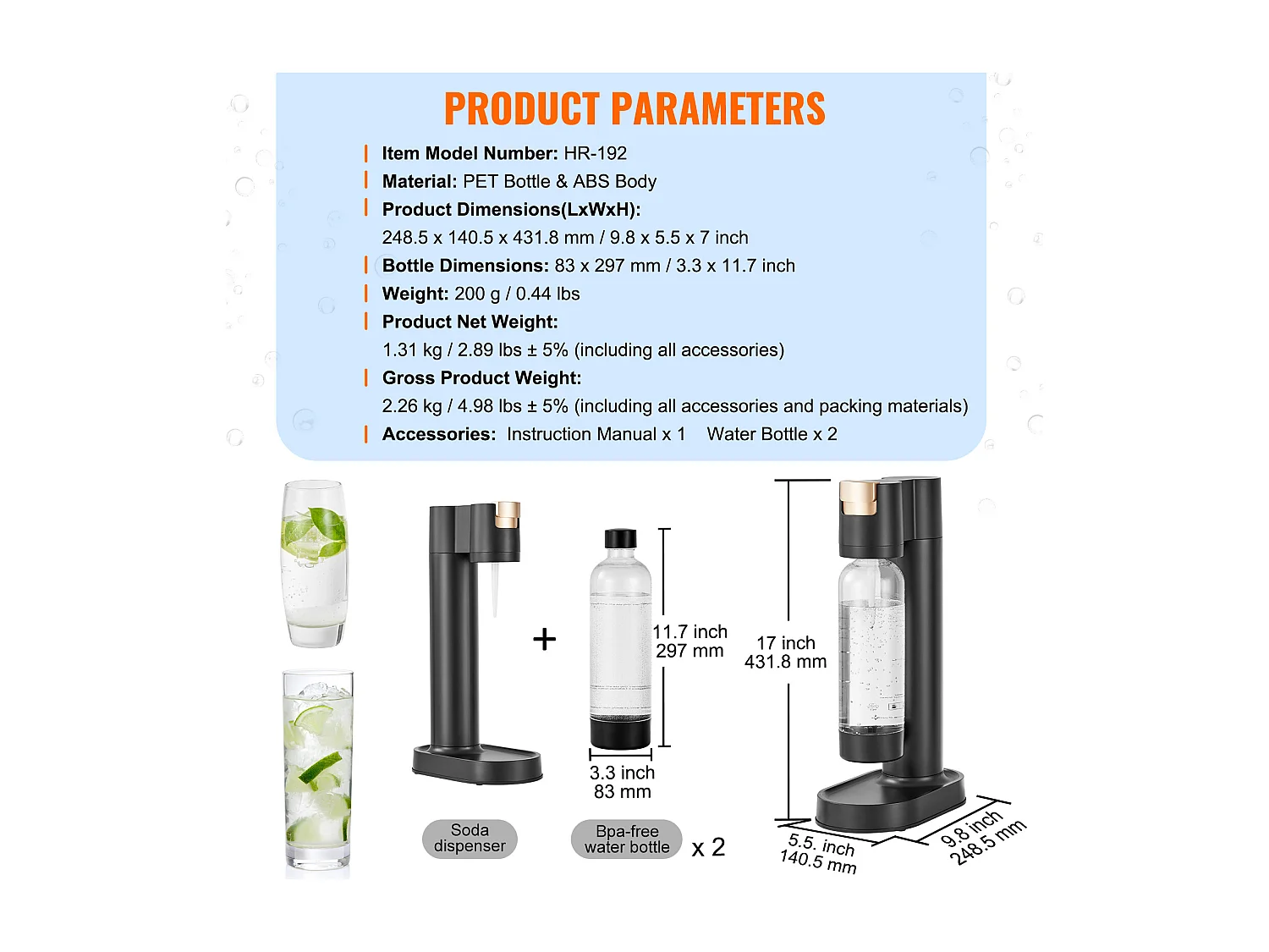 Bruiswatermachine SucceBuy, Sodamaker voor Thuis, Seltzer Water Kit met 2 BPA-vrije 1L PET-flessen, Compatibel, Zwart