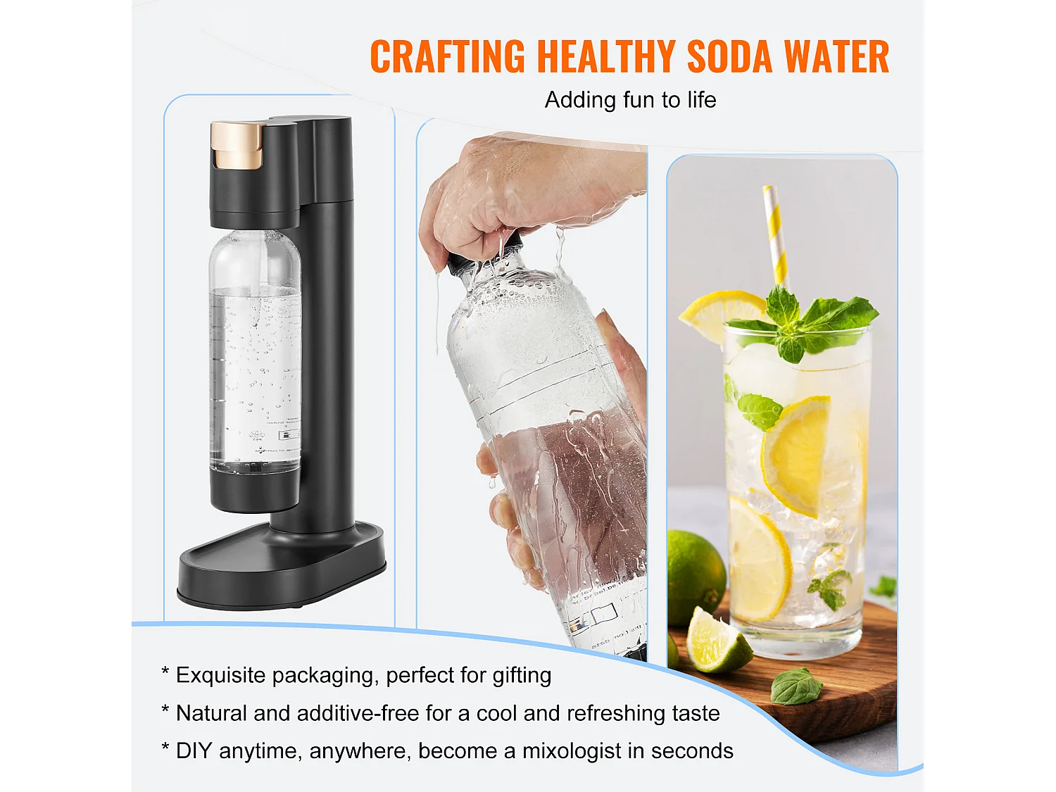 Bruiswatermachine SucceBuy, Sodamaker voor Thuis, Seltzer Water Kit met 2 BPA-vrije 1L PET-flessen, Compatibel, Zwart