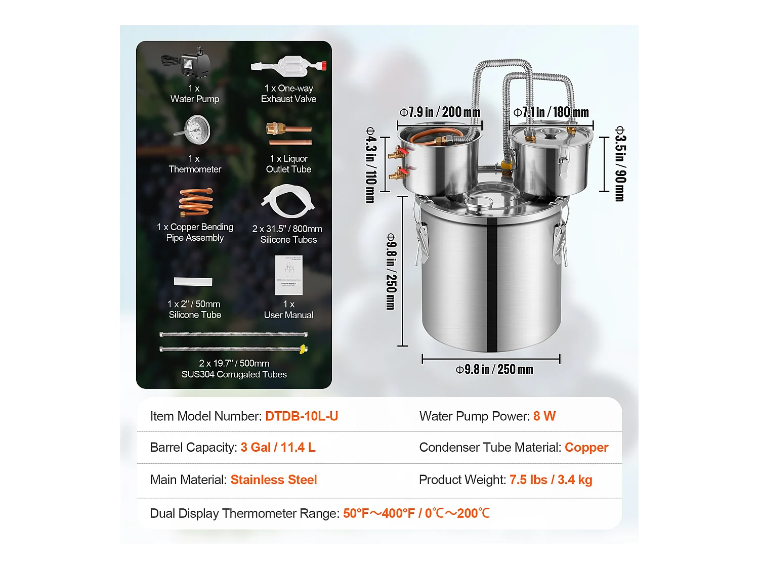 Alcohol Distilleerder SucceBuy 11L Distilleerset voor Plat Water met Thumper-vat en 8W Waterpomp