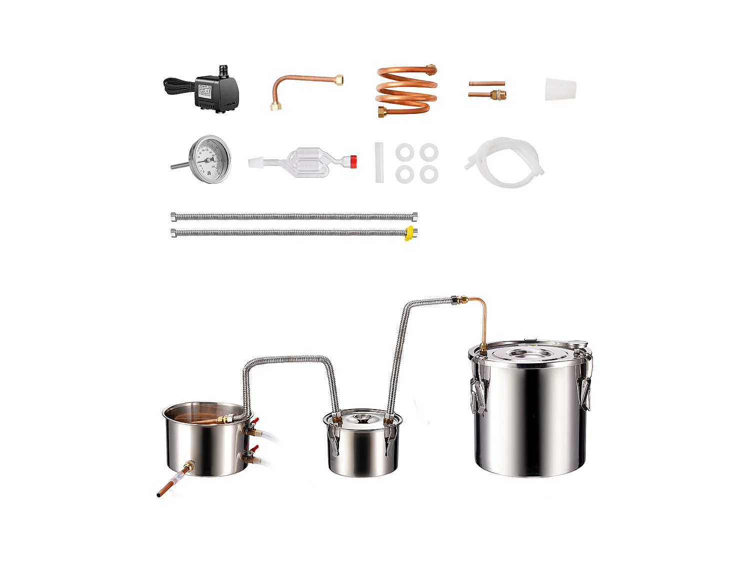 Distillateur d'Alcool SucceBuy Distillateur d'Eau Plate Moonshine 19 L avec Fût Thumper et Pompe à Eau 8W