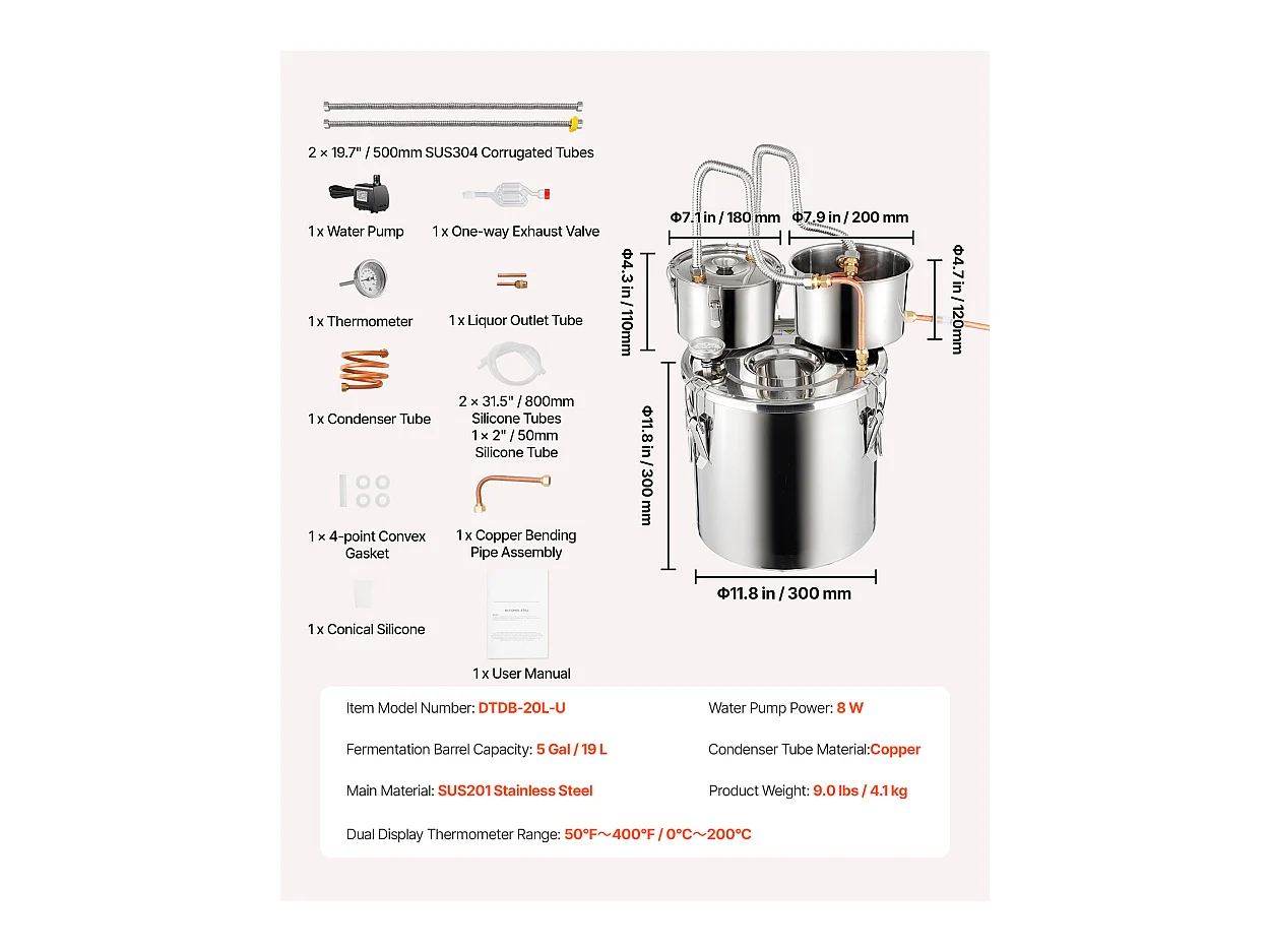Distillateur d'Alcool SucceBuy Distillateur d'Eau Plate Moonshine 19 L avec Fût Thumper et Pompe à Eau 8W
