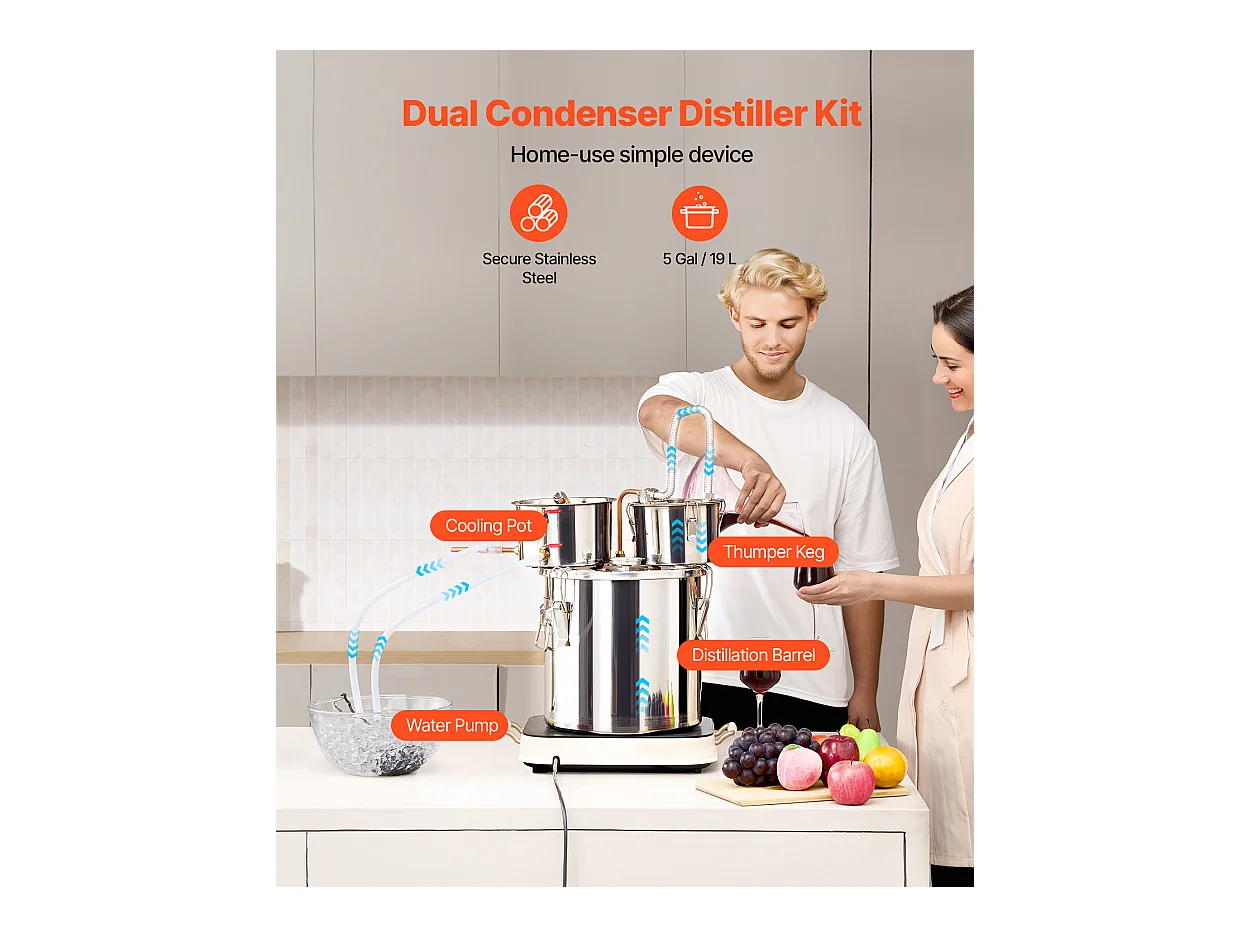 Distillateur d'Alcool SucceBuy Distillateur d'Eau Plate Moonshine 19 L avec Fût Thumper et Pompe à Eau 8W
