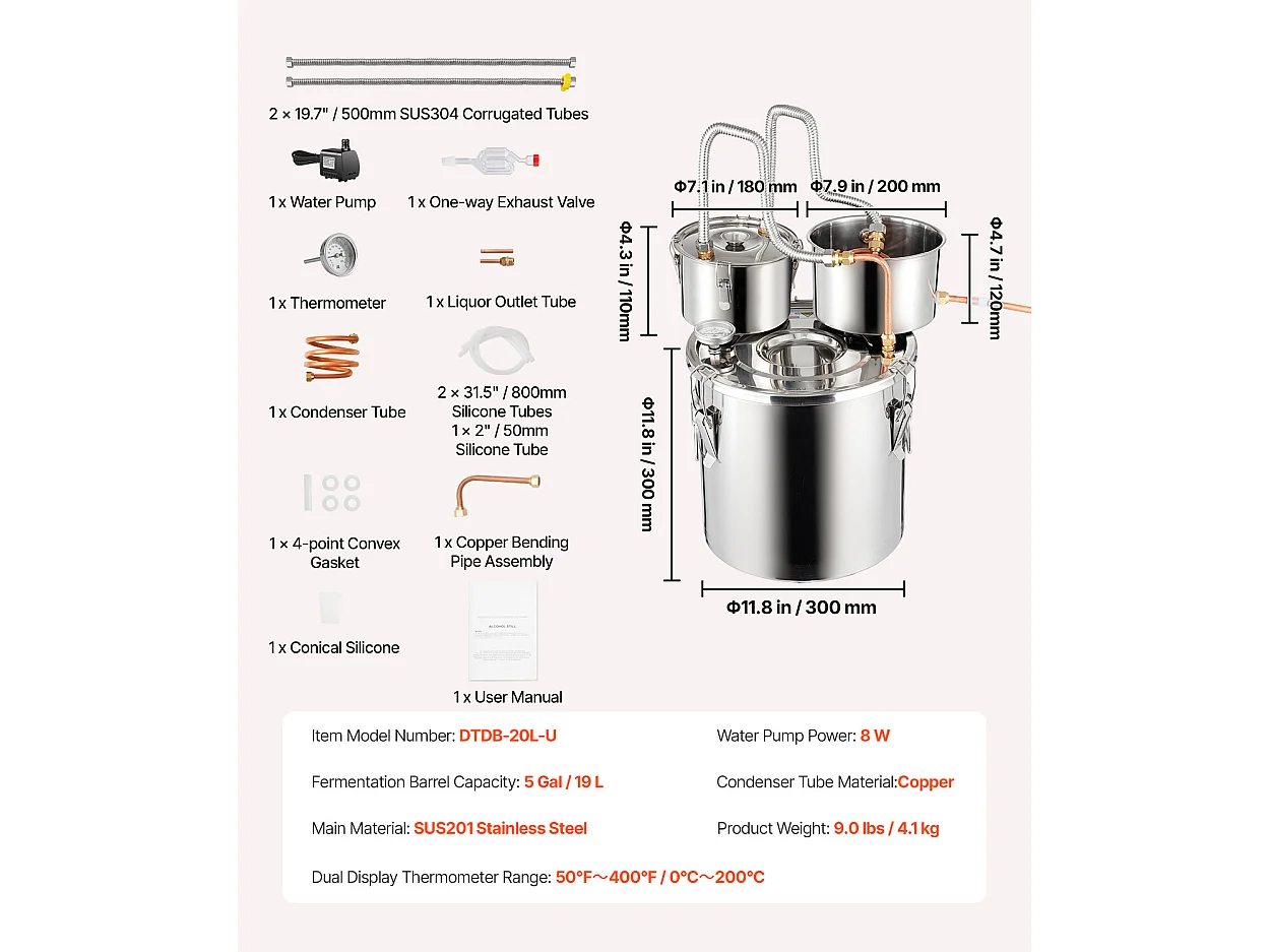 Distillatore di Alcol SucceBuy Distillatore di Acqua Moonshine da 19 Litri con Fusto Thumper e Pompa dell'Acqua da 8 W