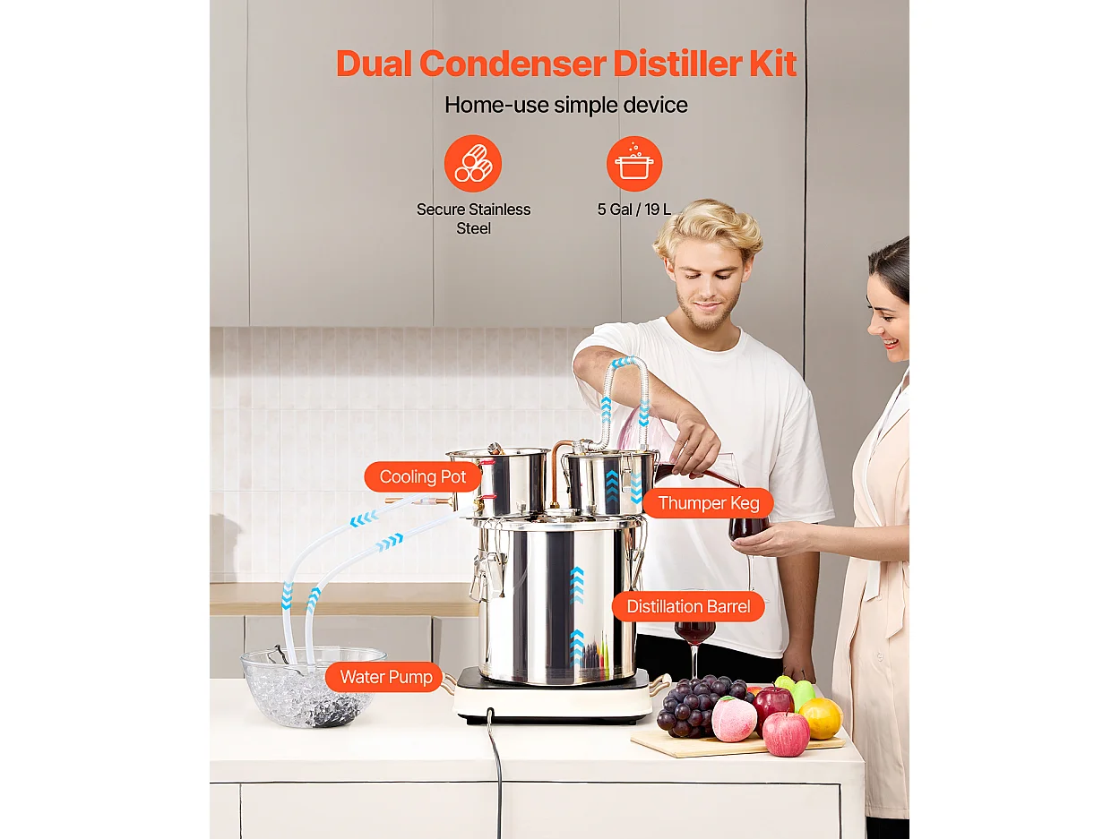 Distillatore di Alcol SucceBuy Distillatore di Acqua Moonshine da 19 Litri con Fusto Thumper e Pompa dell'Acqua da 8 W