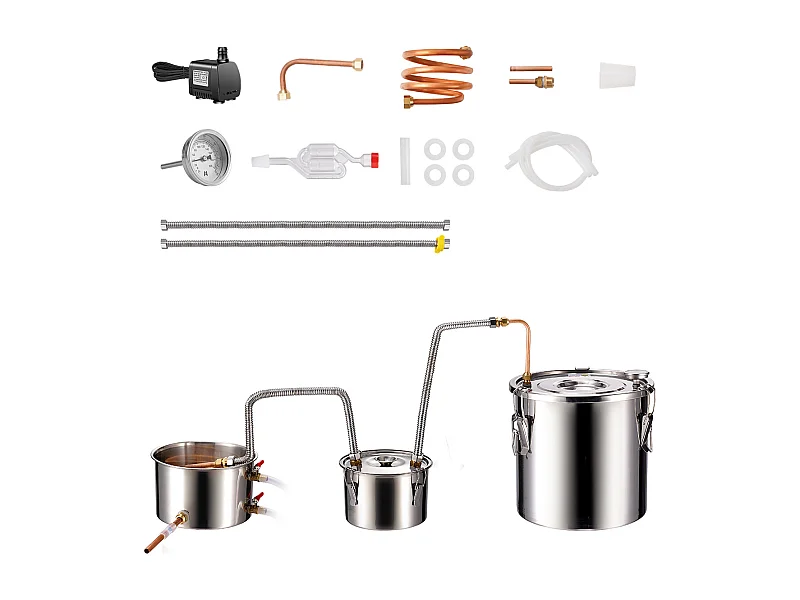 Distillateur d'Alcool SucceBuy Distillateur d'Eau Plate Moonshine 19 L avec Fût Thumper et Pompe à Eau 8W