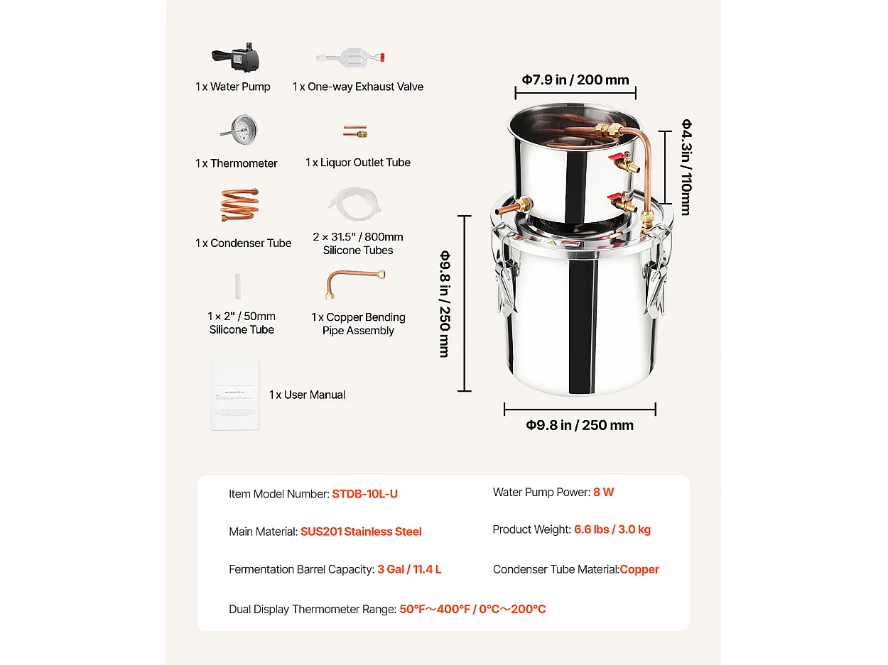 Destilador de Alcohol SucceBuy Destilador de Aguardiente de 11 L, Kit de Destilación de Agua y Alcohol, Acero Inoxidable