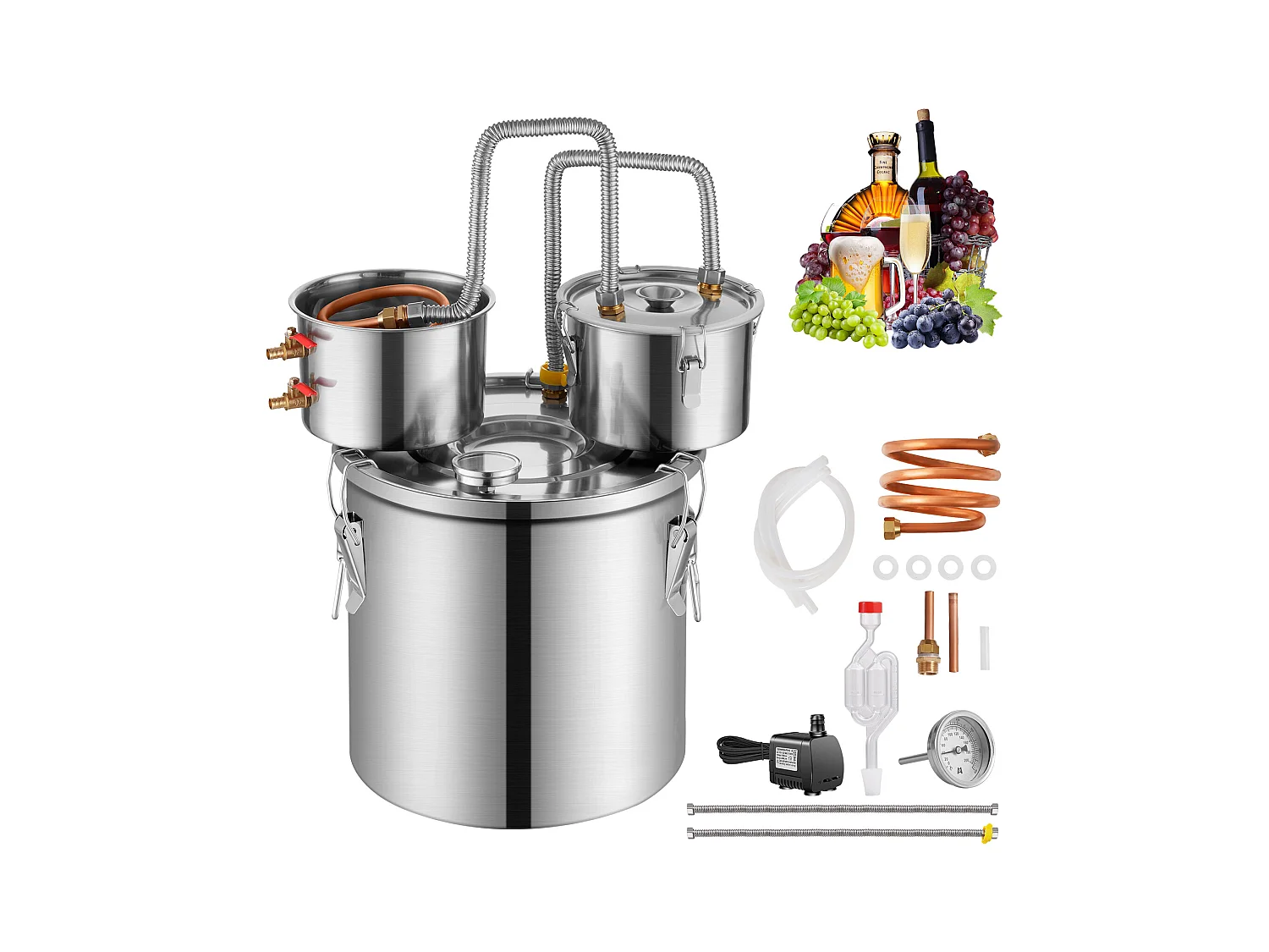 Distillateur d'Alcool SucceBuy Distillateur d'Eau Plate Moonshine 19 L avec Fût Thumper et Pompe à Eau 8W