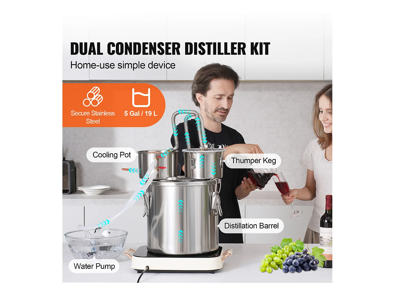 Distillateur d'Alcool SucceBuy Distillateur d'Eau Plate Moonshine 19 L avec Fût Thumper et Pompe à Eau 8W