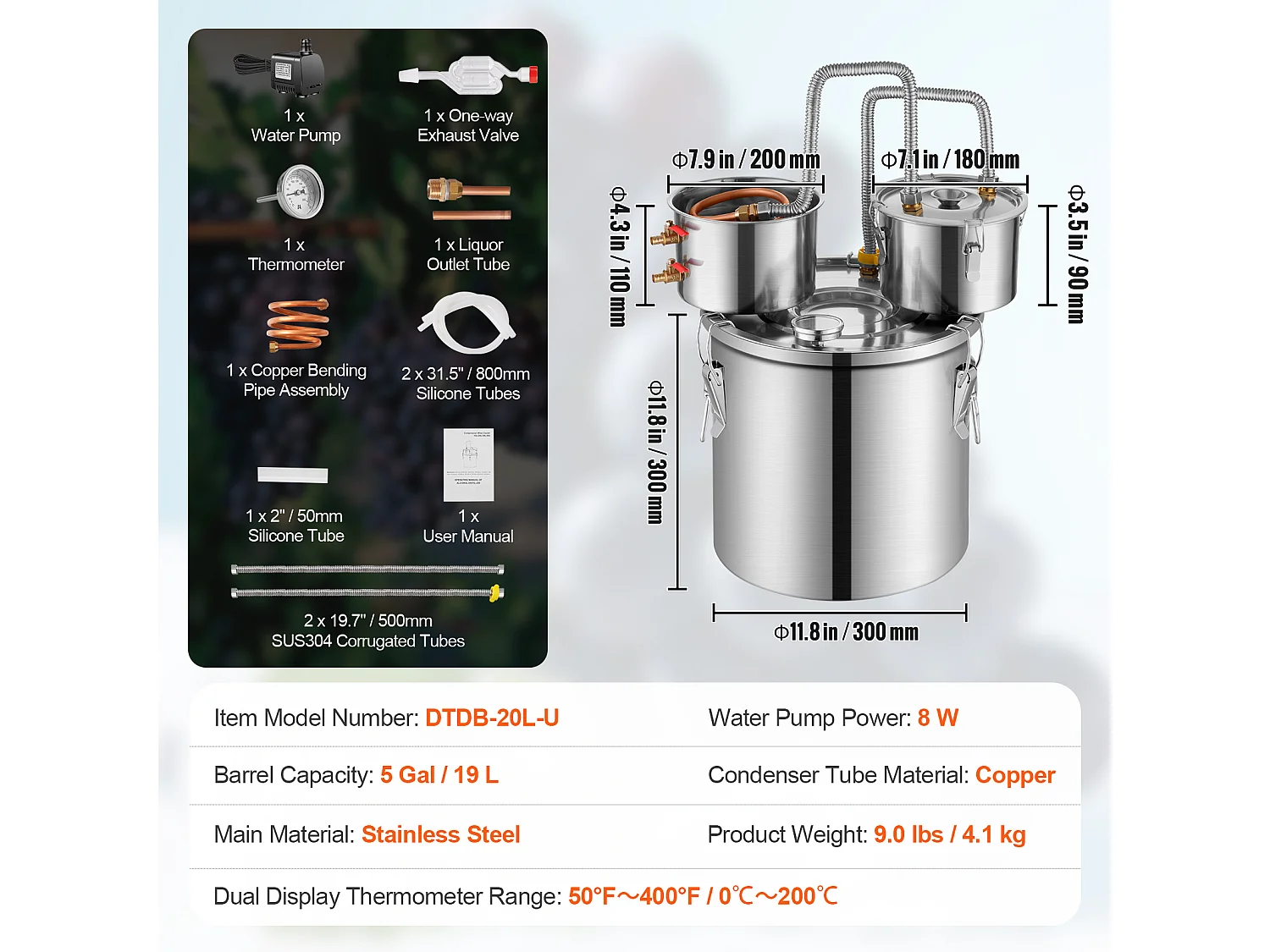 Distillatore di Alcol SucceBuy Distillatore per Acqua Naturale Moonshine da 19 Litri con Fusto Thumper e Pompa dell'Acqua da 8 W