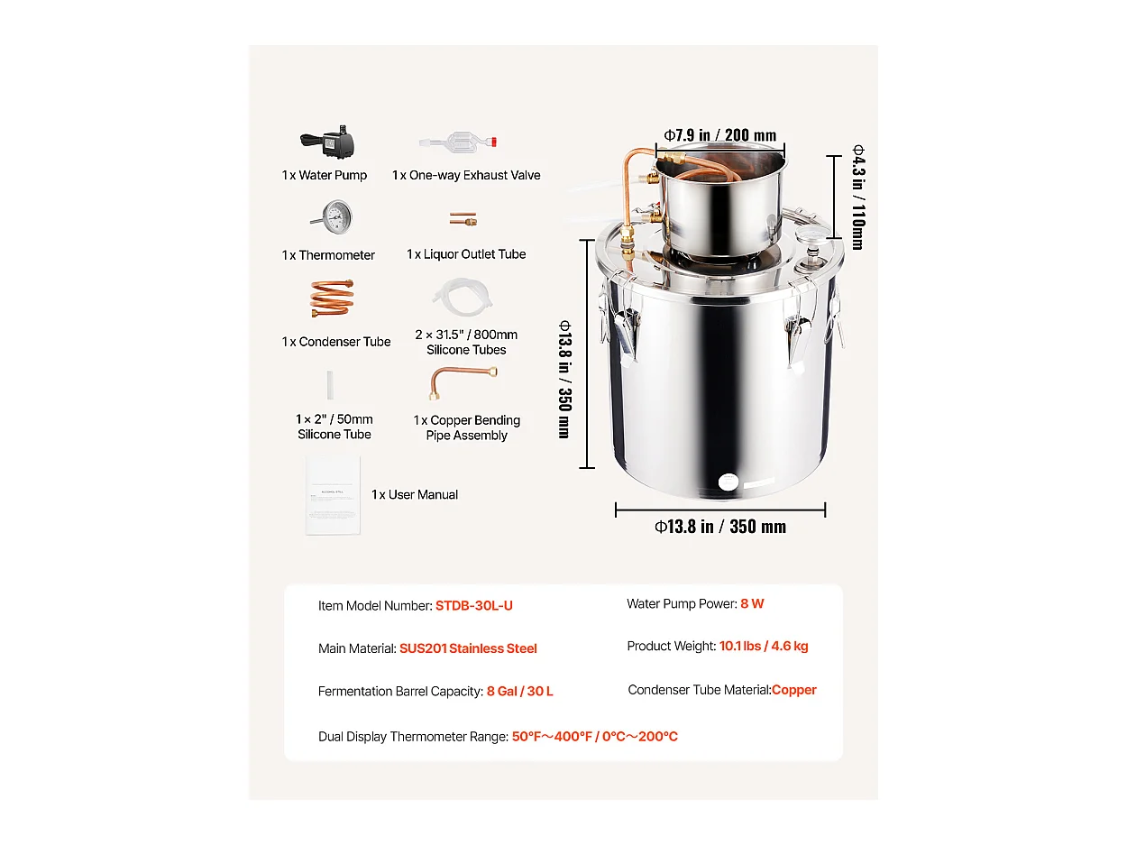 Distillateur d'Alcool SucceBuy Kit de Brassage de Distillateur d'Eau et d'Alcool Alambic Moonshine 30 L en Acier Inoxydable