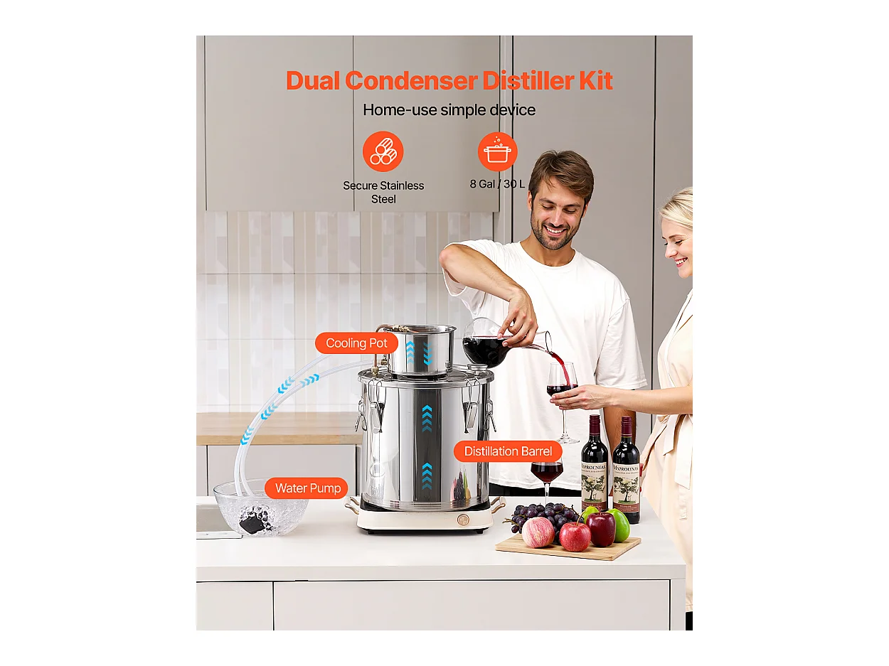 Distillateur d'Alcool SucceBuy Kit de Brassage de Distillateur d'Eau et d'Alcool Alambic Moonshine 30 L en Acier Inoxydable