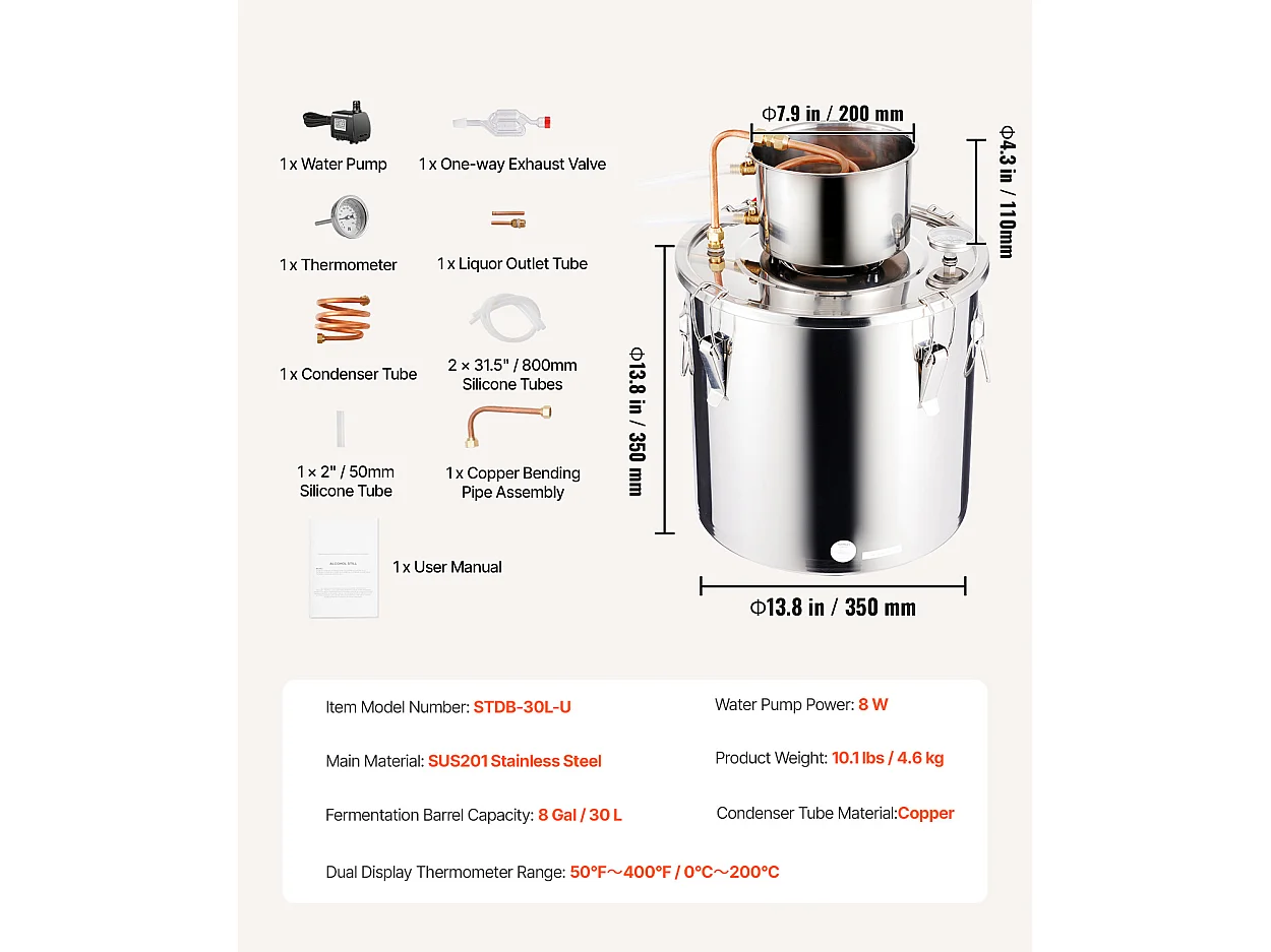 Alcohol Distilleerder SucceBuy 30L Roestvrijstalen Moonshine Distilleerset voor Plat Water en Alcohol
