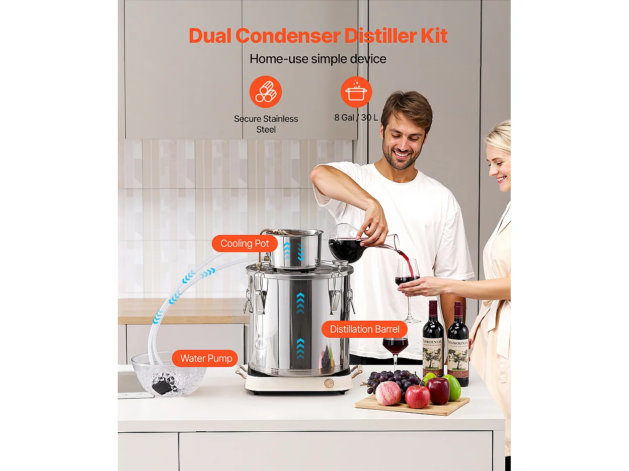 Alcohol Distilleerder SucceBuy 30L Roestvrijstalen Moonshine Distilleerset voor Plat Water en Alcohol