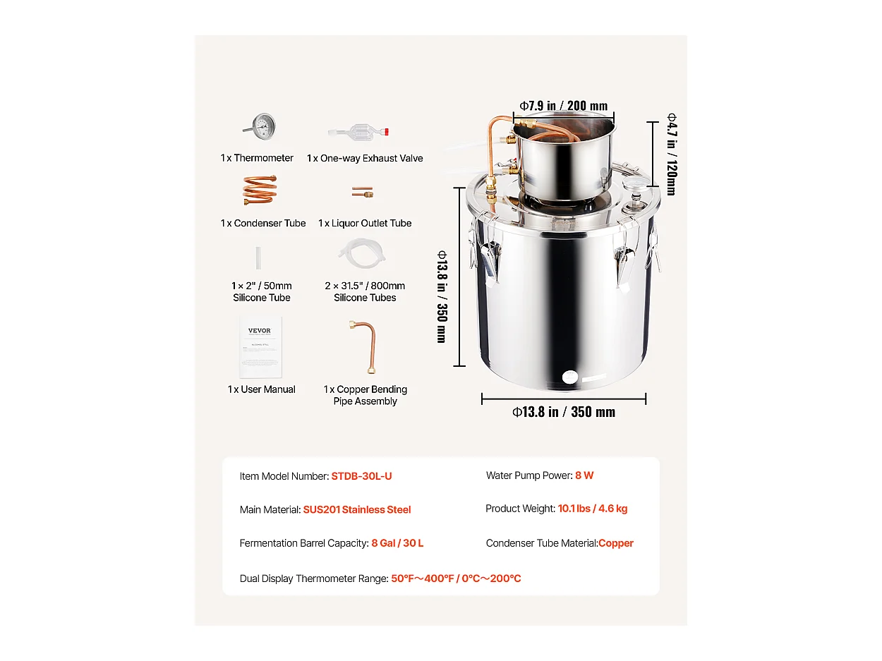 Distillateur d'Alcool SucceBuy Kit de Brassage de Distillateur d'Eau et d'Alcool Alambic Moonshine 30 L en Acier Inoxydable