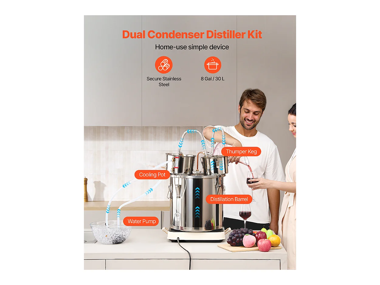 Distillateur d'Alcool SucceBuy Distillateur d'Eau Plate Moonshine 30 L avec Fût Thumper et Pompe à Eau 8W