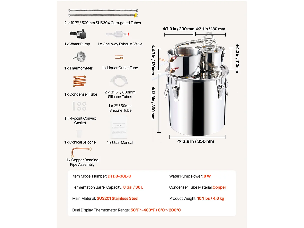 Destilador de Alcohol SucceBuy Destilador de Agua sin Gas de 30 L con Barril Thumper y Bomba de Agua de 8 W