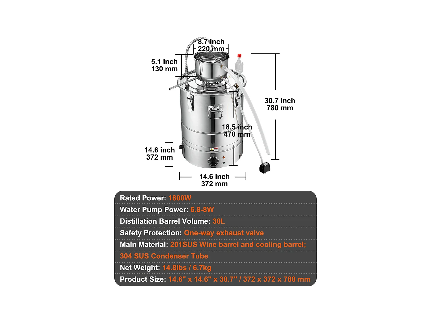 Distillateur d'Alcool SucceBuy Distillateur d'Eau Plate à Alcool 34 L avec Fût Thumper et Pompe à Eau