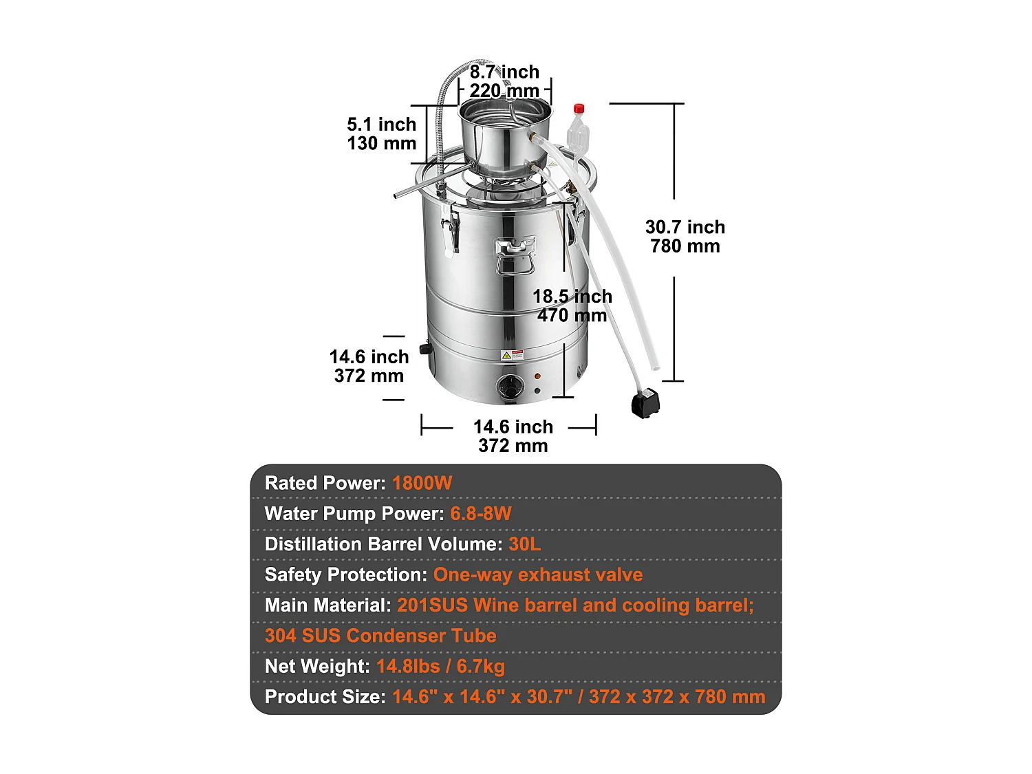 Distillateur d'Alcool SucceBuy Distillateur d'Eau Plate à Alcool 34 L avec Fût Thumper et Pompe à Eau