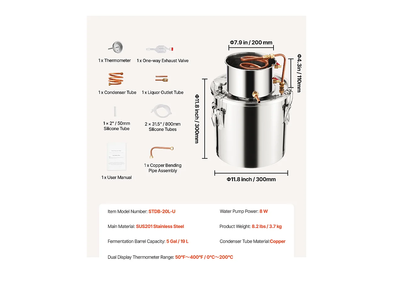 Distillateur d'Alcool SucceBuy Alambic Moonshine 19 L Kit de Brassage de Distillateur d'Eau et d'Alcool en Acier Inoxydable