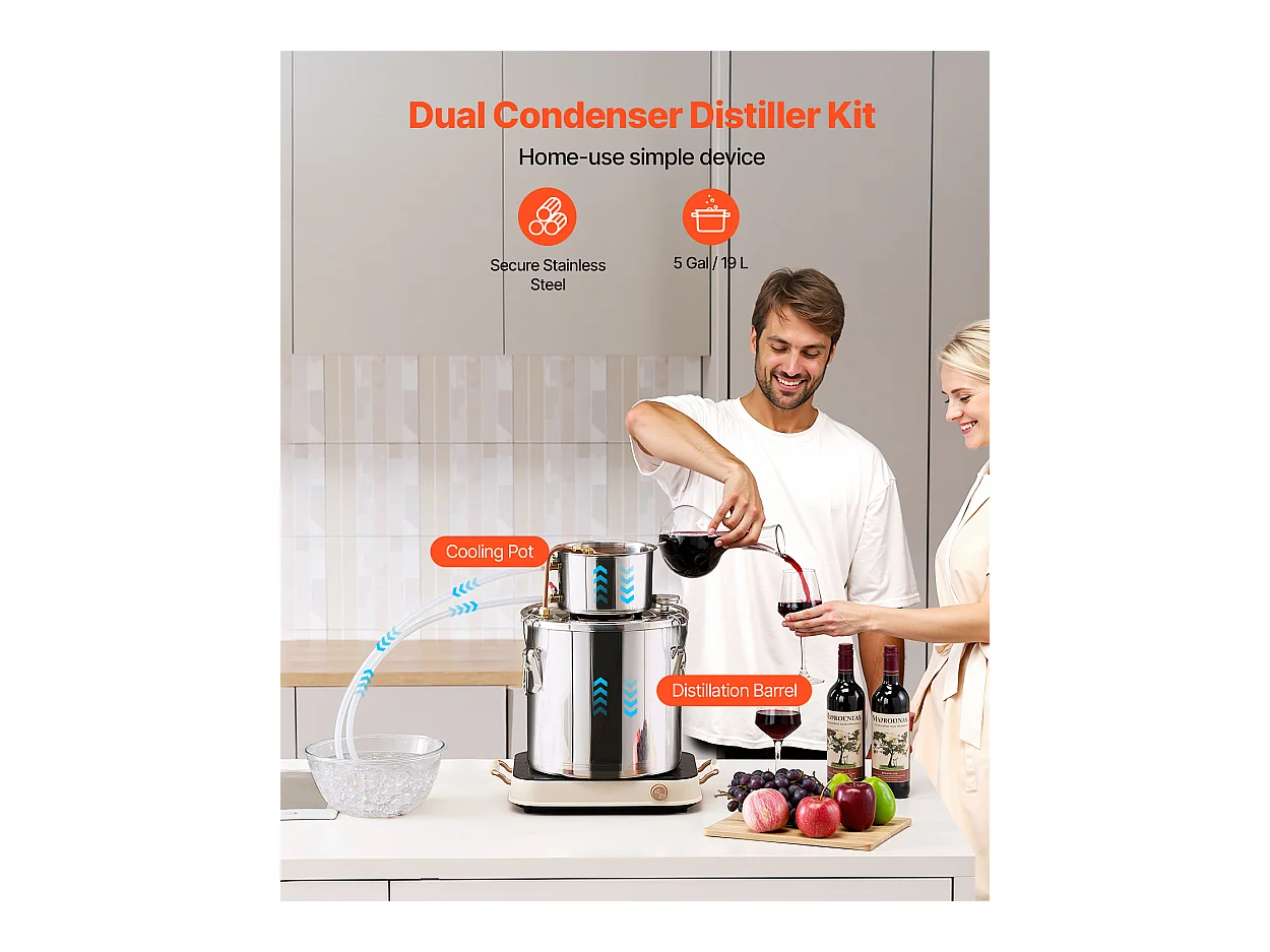Distillateur d'Alcool SucceBuy Alambic Moonshine 19 L Kit de Brassage de Distillateur d'Eau et d'Alcool en Acier Inoxydable