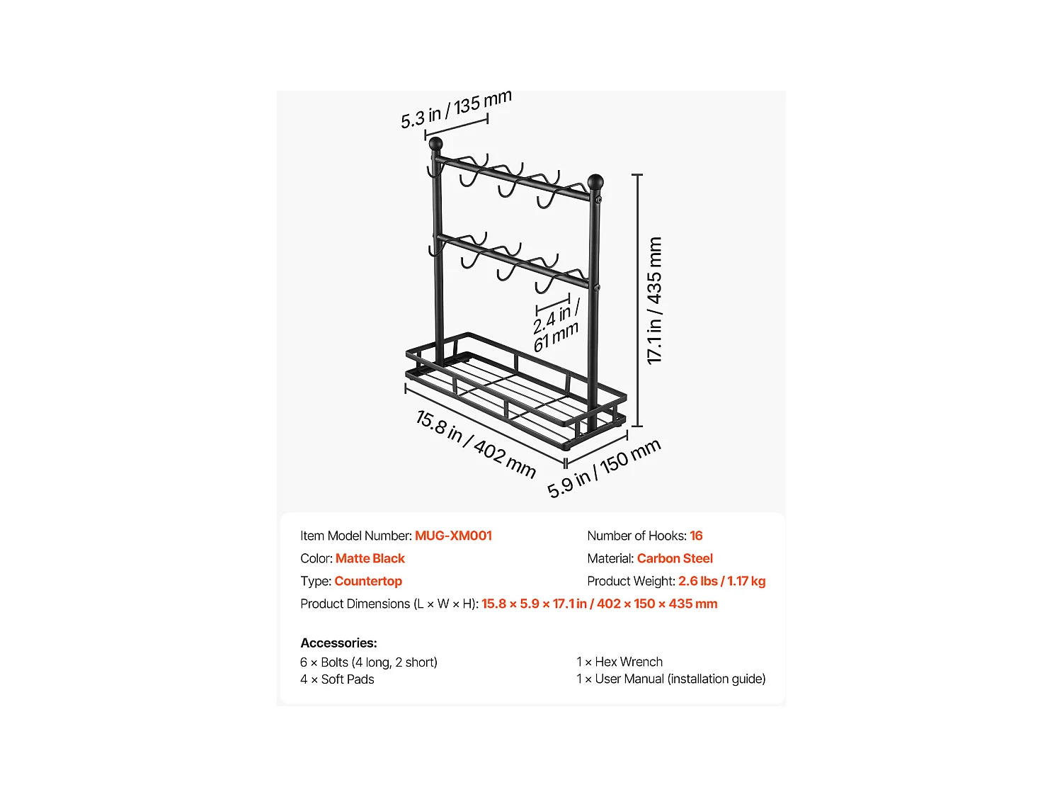 Porte-Tasse SucceBuy à Café pour Comptoir, Support de Tasse à 16 Crochets avec Organisateur de Base de Rangement