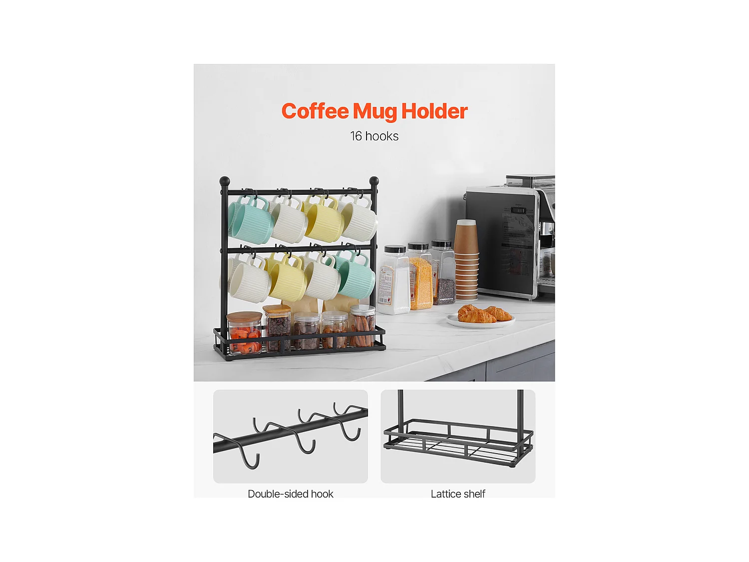Porte-Tasse SucceBuy à Café pour Comptoir, Support de Tasse à 16 Crochets avec Organisateur de Base de Rangement