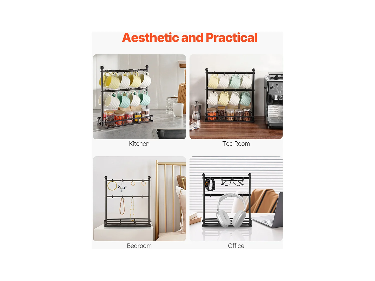 Porte-Tasse SucceBuy à Café pour Comptoir, Support de Tasse à 16 Crochets avec Organisateur de Base de Rangement