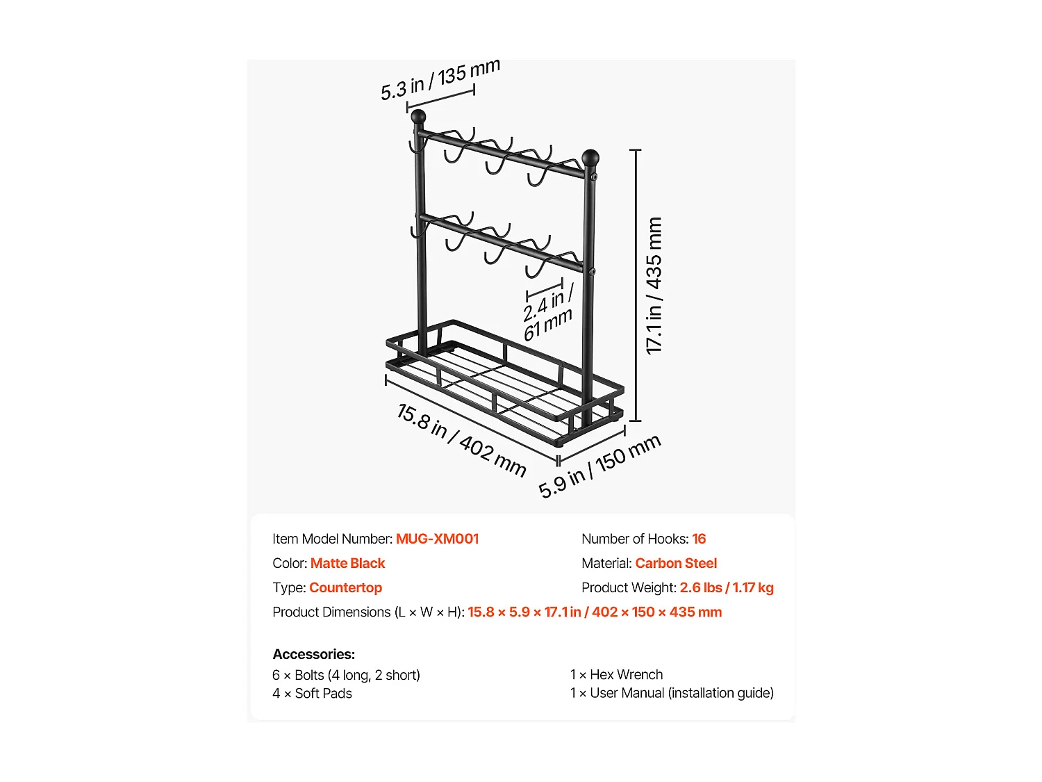 Porte-Tasse SucceBuy à Café pour Comptoir, Support de Tasse à 16 Crochets avec Organisateur de Base de Rangement