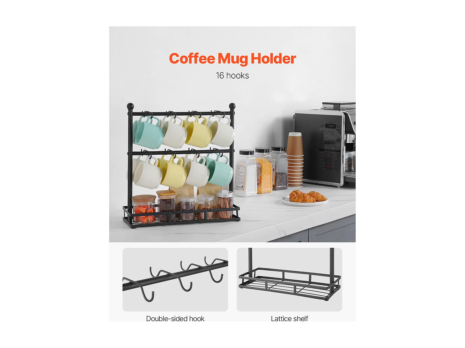 Porte-Tasse SucceBuy à Café pour Comptoir, Support de Tasse à 16 Crochets avec Organisateur de Base de Rangement
