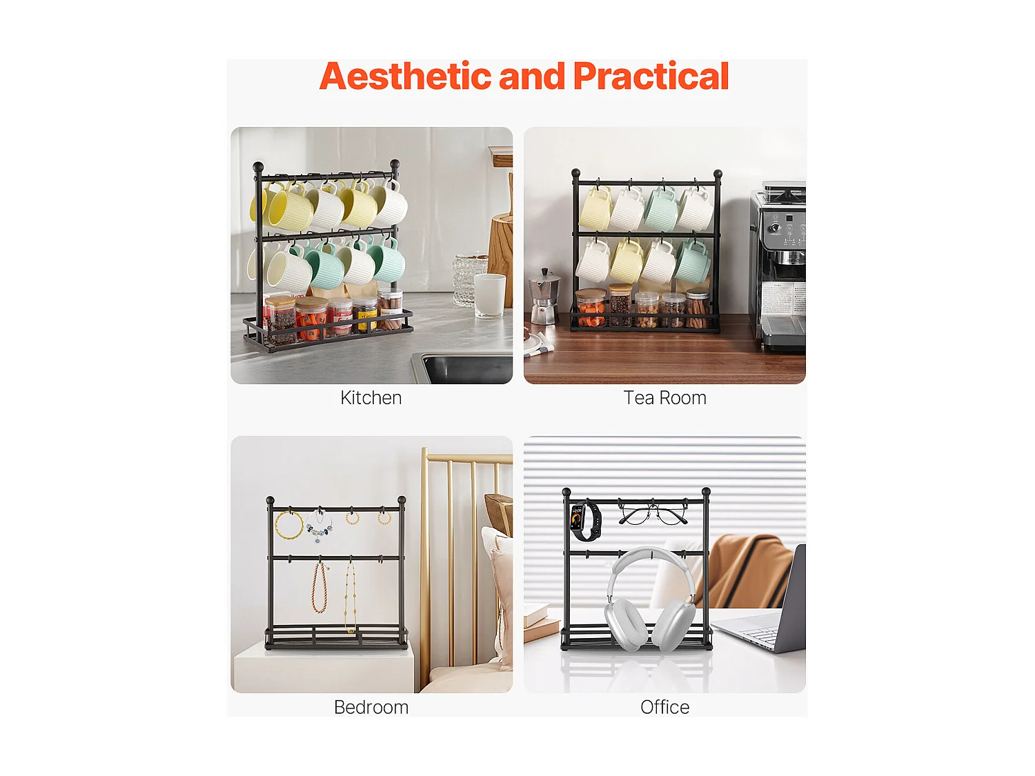 Porte-Tasse SucceBuy à Café pour Comptoir, Support de Tasse à 16 Crochets avec Organisateur de Base de Rangement