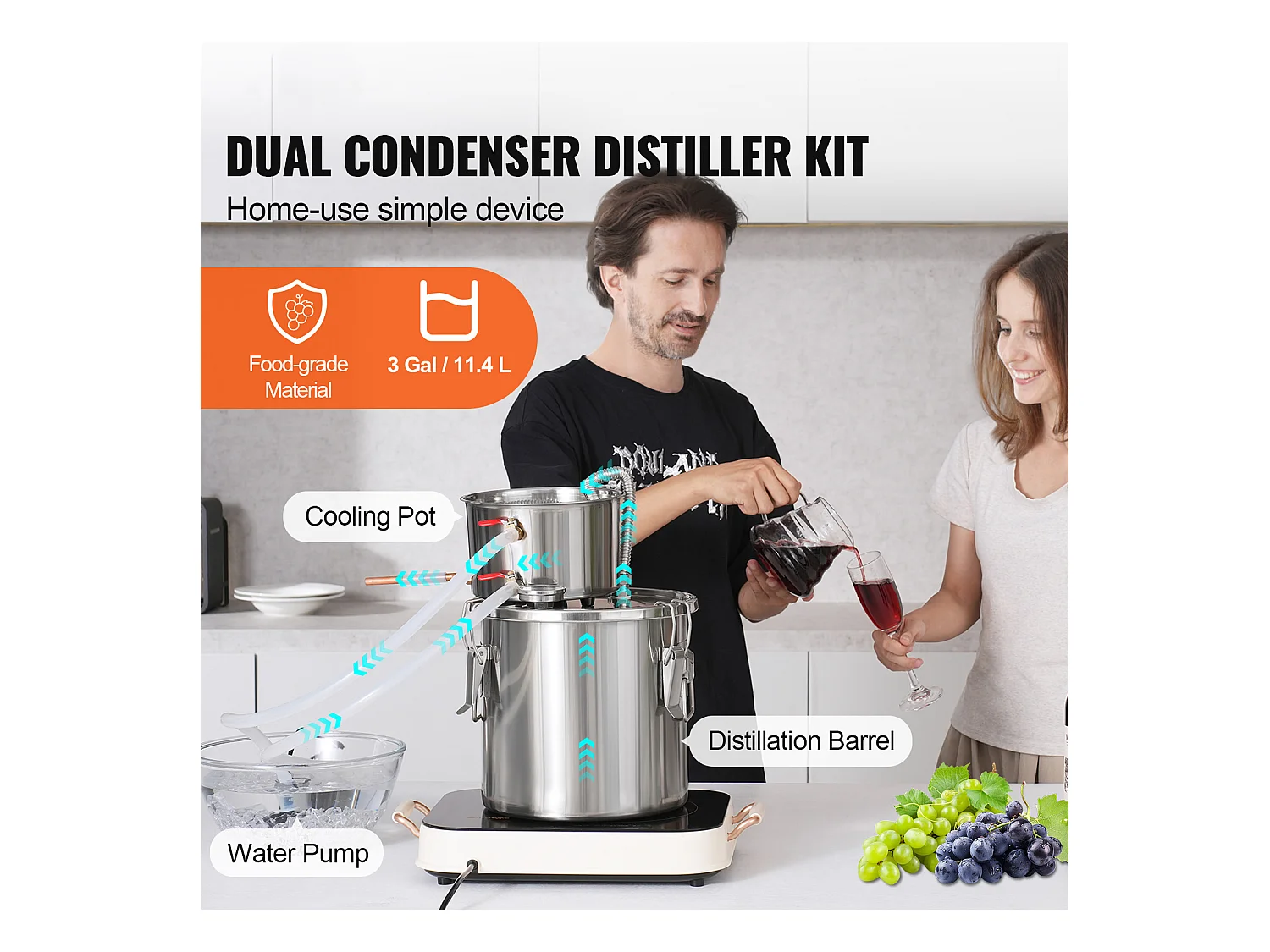 Distillateur d'Alcool SucceBuy Distillateur d'Eau Plate Moonshine 11 L avec Pompe à Eau en Acier Inoxydable