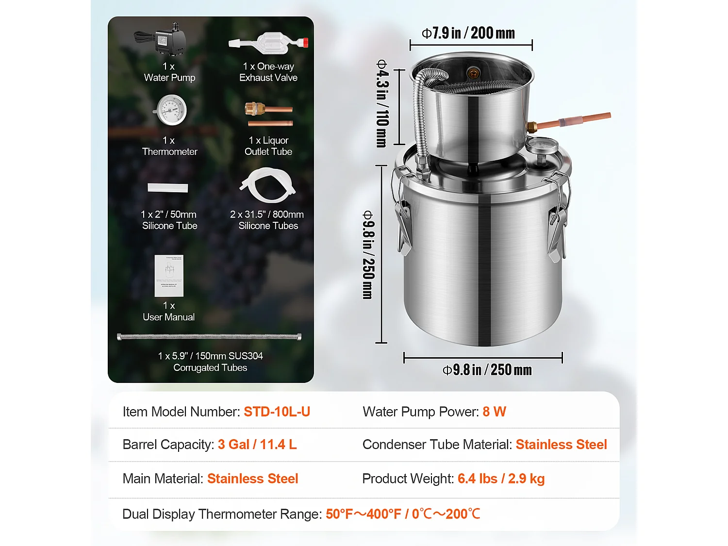 Distillateur d'Alcool SucceBuy Distillateur d'Eau Plate Moonshine 11 L avec Pompe à Eau en Acier Inoxydable