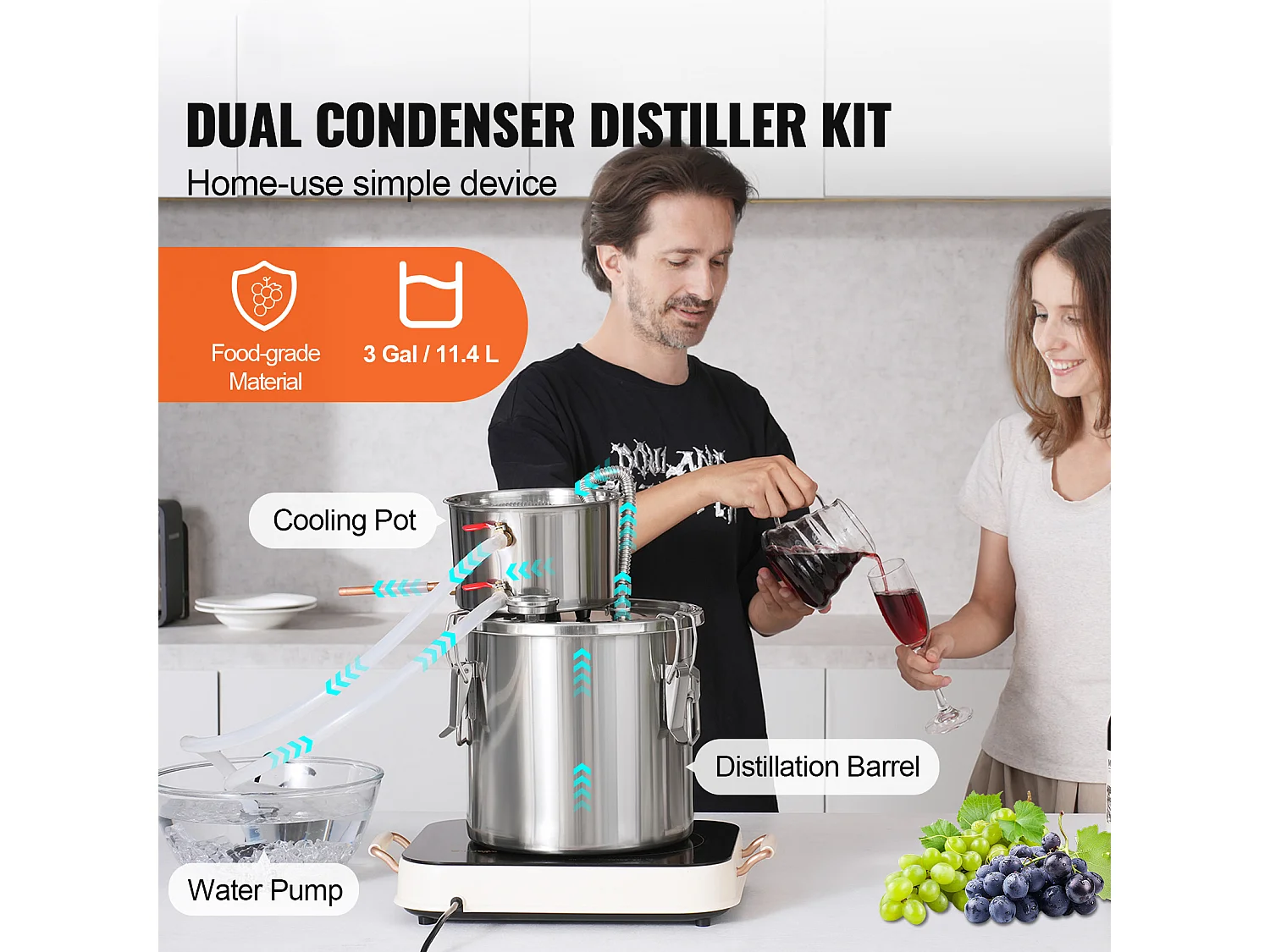 Distillateur d'Alcool SucceBuy Distillateur d'Eau Plate Moonshine 11 L avec Pompe à Eau en Acier Inoxydable