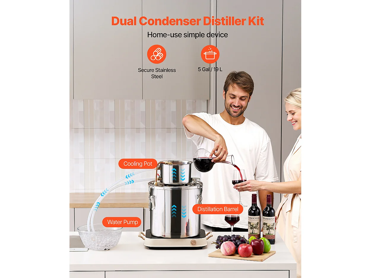 Distillateur d'Alcool SucceBuy Alambic Moonshine 19 L Kit de Brassage de Distillateur d'Eau et d'Alcool en Acier Inoxydable