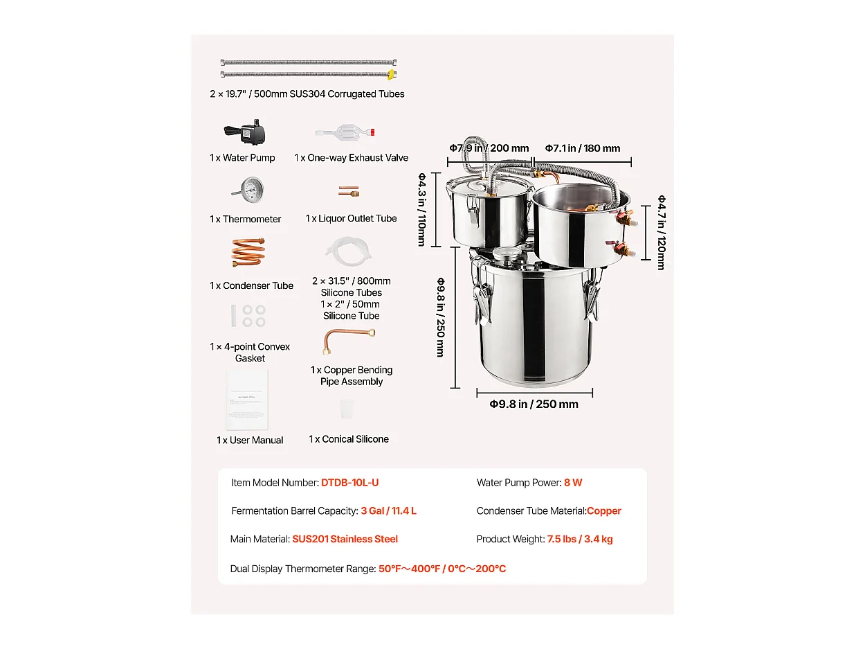 Distillatore di Alcol SucceBuy Distillatore di Acqua Moonshine da 11 Litri con Fusto Thumper e Pompa dell'Acqua da 8 W