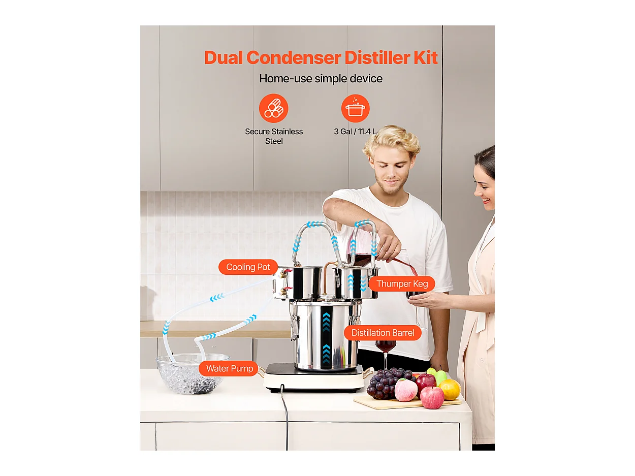 Distillatore di Alcol SucceBuy Distillatore di Acqua Moonshine da 11 Litri con Fusto Thumper e Pompa dell'Acqua da 8 W