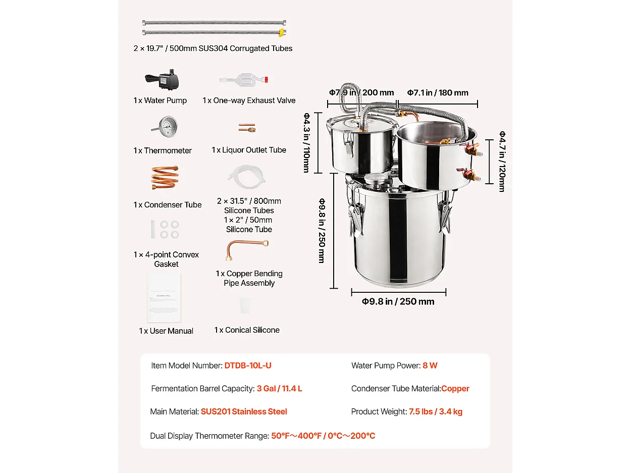 Distillateur d'Alcool SucceBuy Distillateur d'Eau Plate Moonshine 11 L avec Fût Thumper et Pompe à Eau 8W