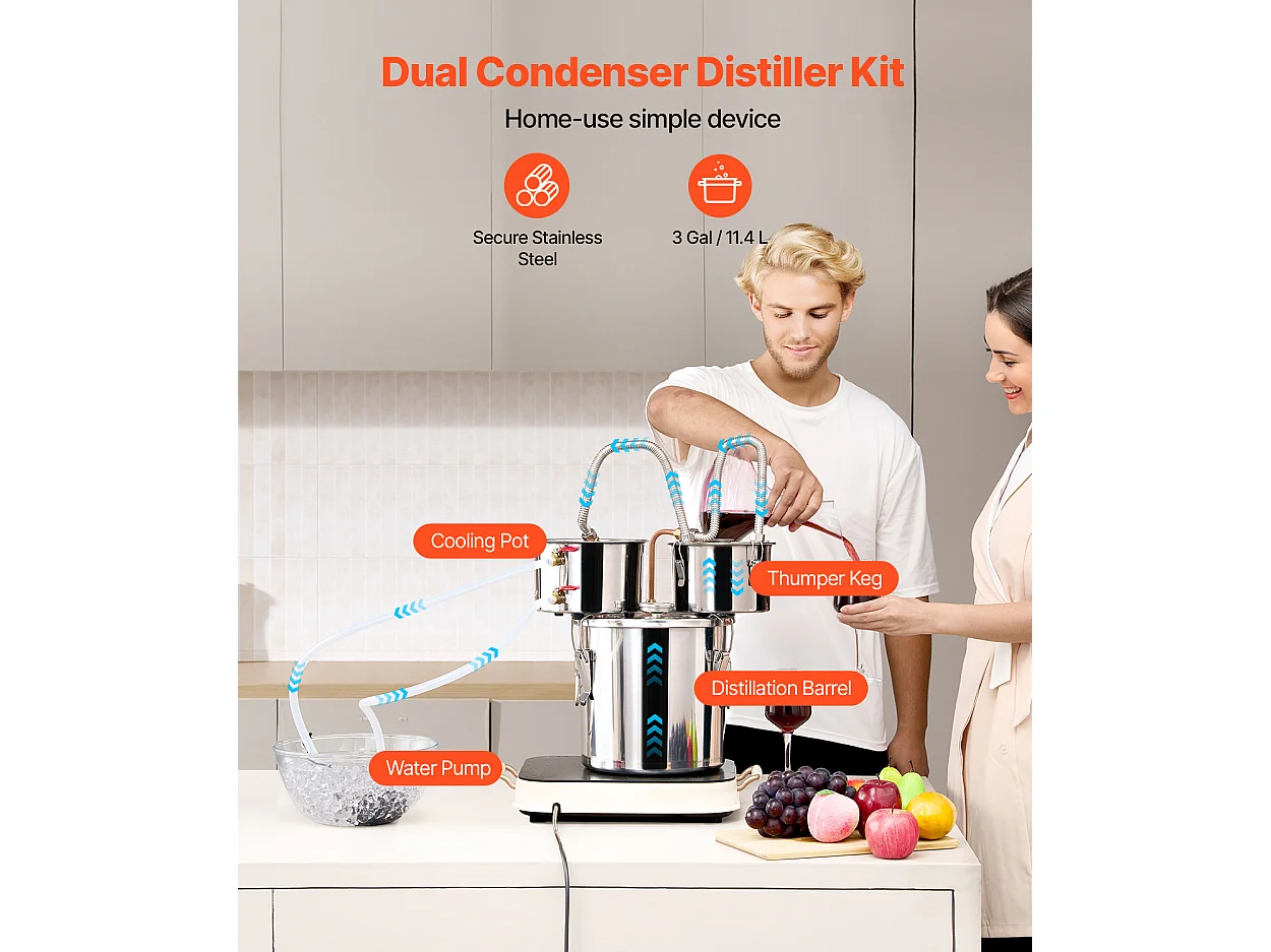 Distillateur d'Alcool SucceBuy Distillateur d'Eau Plate Moonshine 11 L avec Fût Thumper et Pompe à Eau 8W
