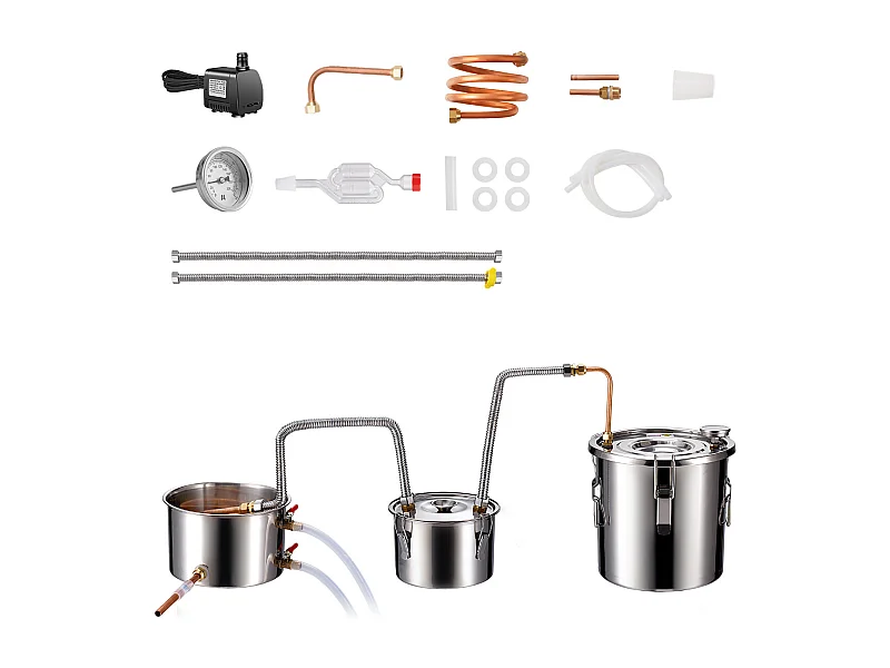 Distillateur d'Alcool SucceBuy Distillateur d'Eau Plate Moonshine 11 L avec Fût Thumper et Pompe à Eau 8W
