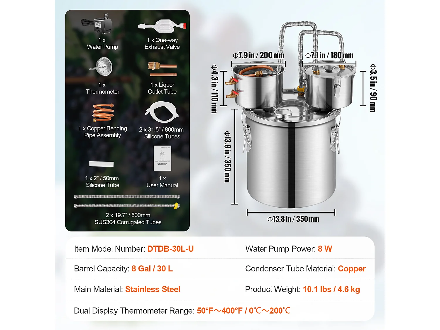 Distillateur d'Alcool SucceBuy Distillateur d'Eau Plate Moonshine 30 L avec Fût Thumper et Pompe à Eau 8W