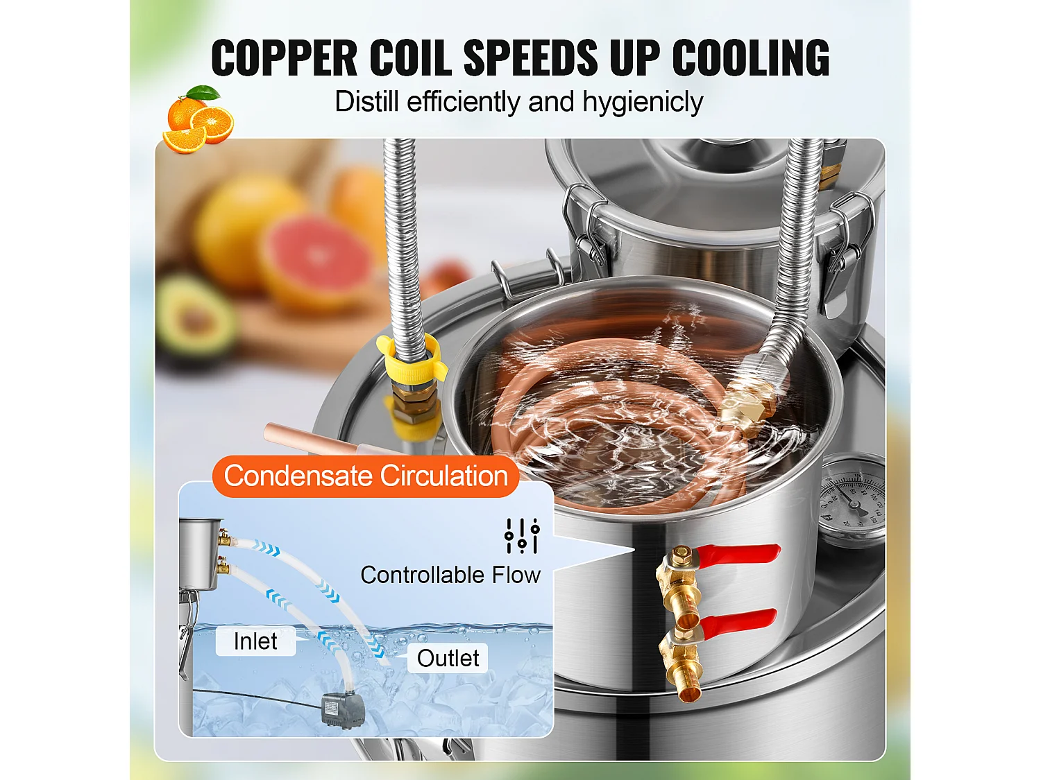 Distillateur d'Alcool SucceBuy Distillateur d'Eau Plate Moonshine 30 L avec Fût Thumper et Pompe à Eau 8W