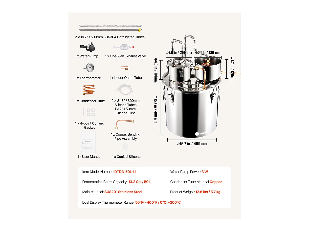 Distillateur d'Alcool SucceBuy Distillateur d'Eau Plate Moonshine 50 L avec Fût Thumper et Pompe à Eau