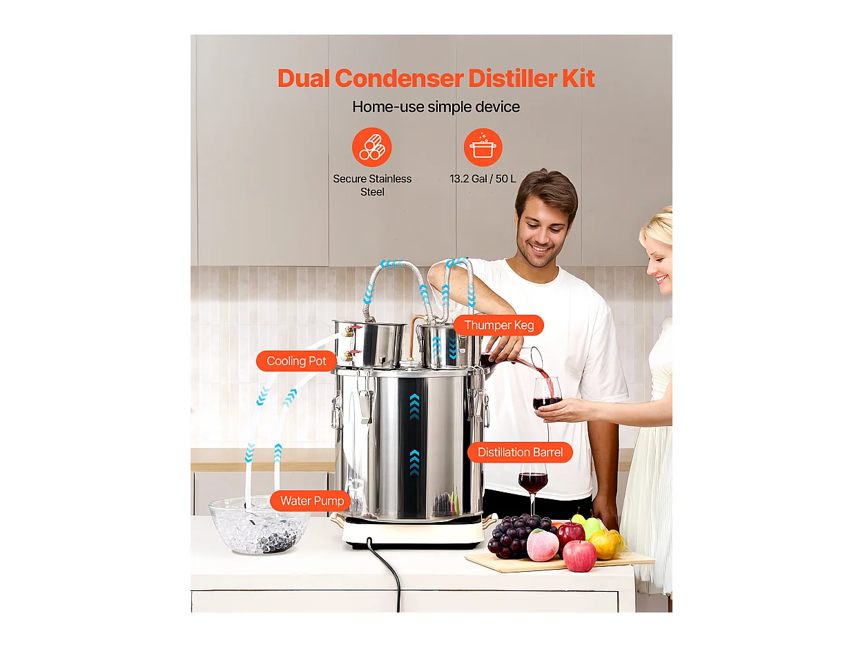Distillateur d'Alcool SucceBuy Distillateur d'Eau Plate Moonshine 50 L avec Fût Thumper et Pompe à Eau