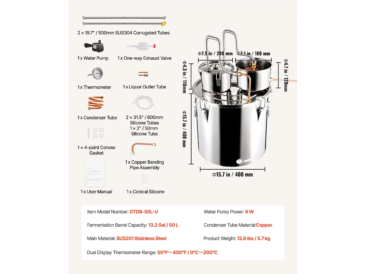 Distillateur d'Alcool SucceBuy Distillateur d'Eau Plate Moonshine 50 L avec Fût Thumper et Pompe à Eau
