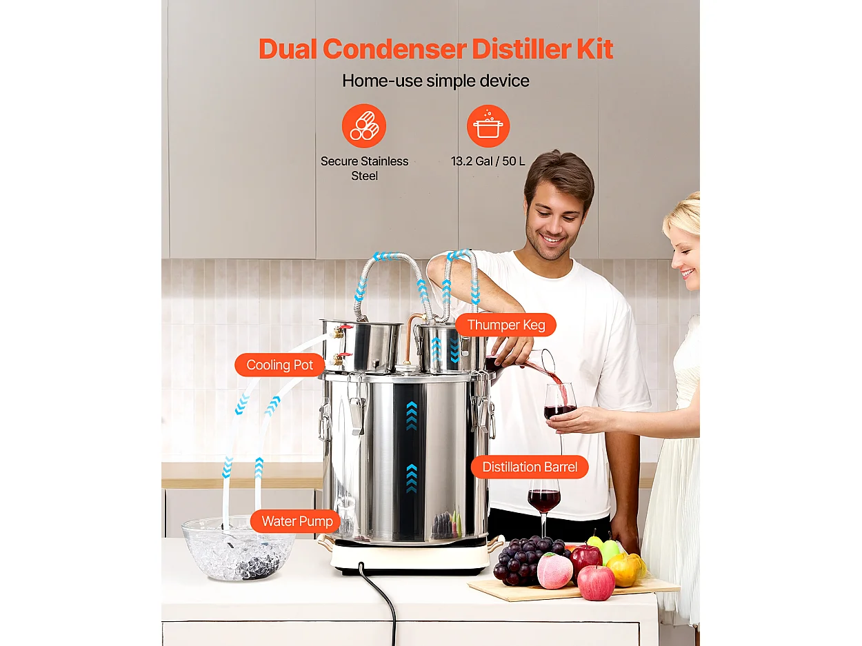 Distillateur d'Alcool SucceBuy Distillateur d'Eau Plate Moonshine 50 L avec Fût Thumper et Pompe à Eau