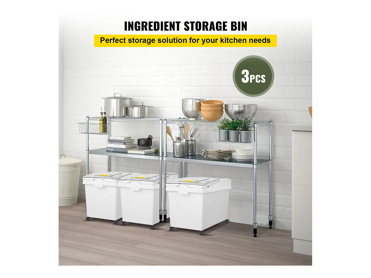 Zutatenbehälter-Set SucceBuy, 40 l, Mehlvorratsbehälter mit Rollen, 3 Stück, Weiß